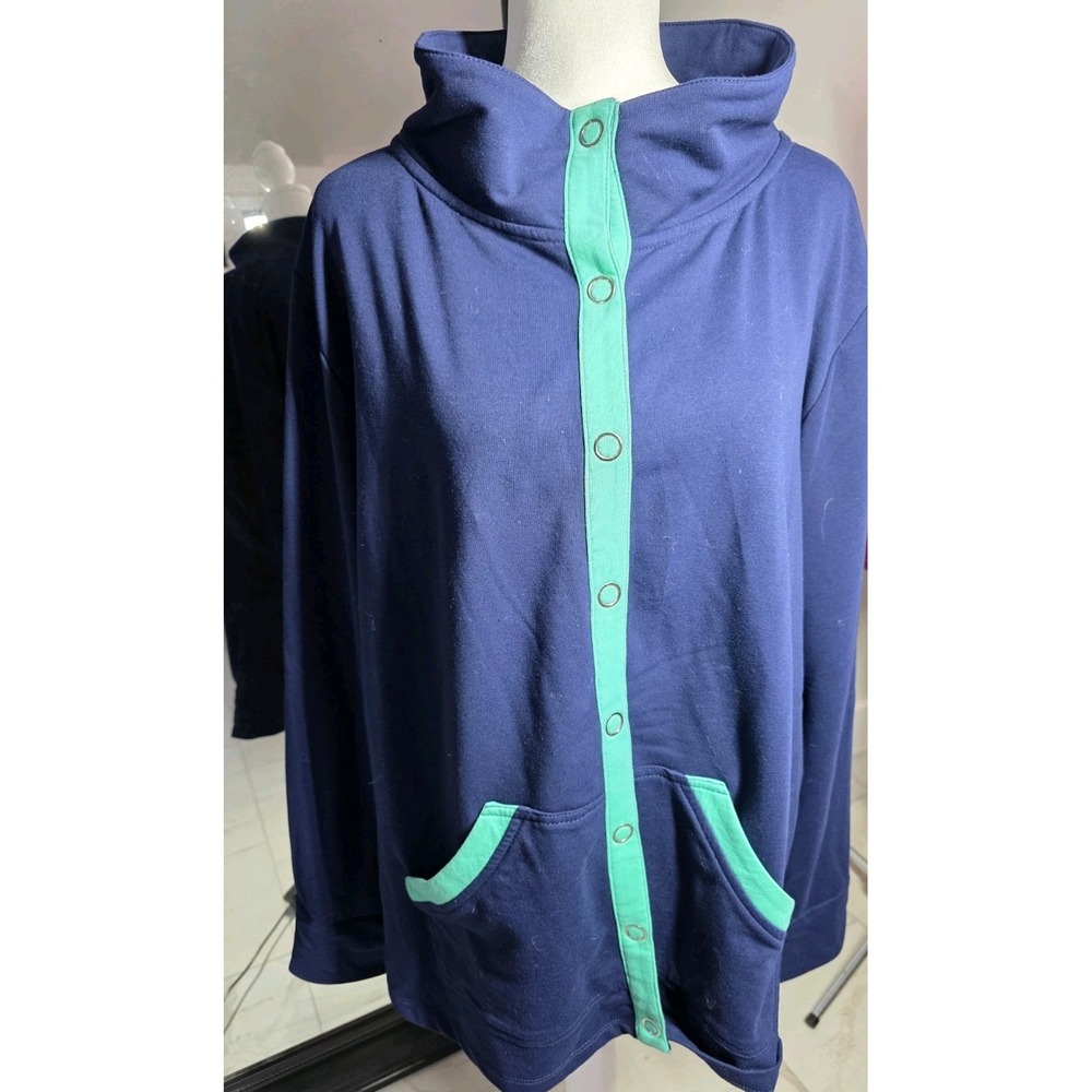 Susan Graver XL Snap Front Jacket Navy Blue Teal Trim Weekend Knit